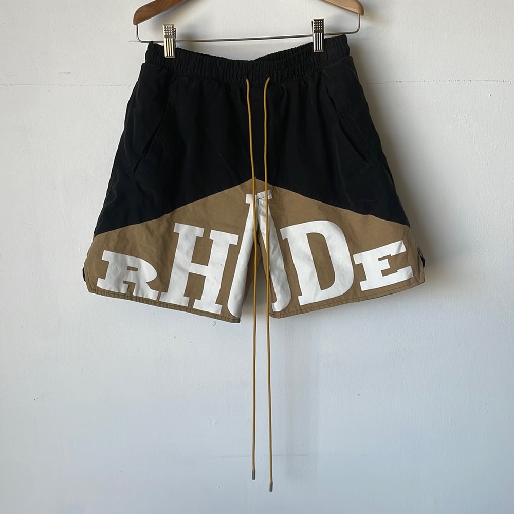 SOLD! RHUDE logo-print shorts tan / black
